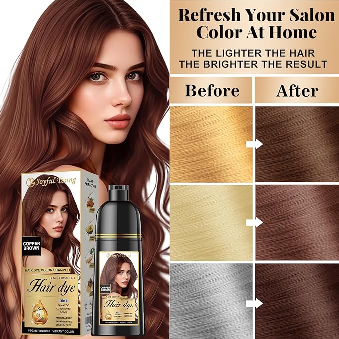 Hair Dye Shampoo 3-in-1 Vegan Color for Gray Hair - Ammonia-Free for Men & Women – Beard & Hair Coloring – Instant Gray Coverage Champú Para Canas Mujer & Hombre (COPPER BROWN)