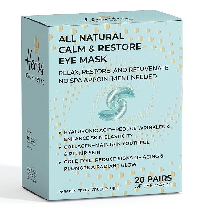 Herbs Healthy Healing 24K Gold Under Eye Masks – Collagen & Hyaluronic Acid Gel Patches for Dark Circles, Puffiness, Fine Lines – Eye Masks for Women & Men – 20 Pairs, Clean Beauty Skincare