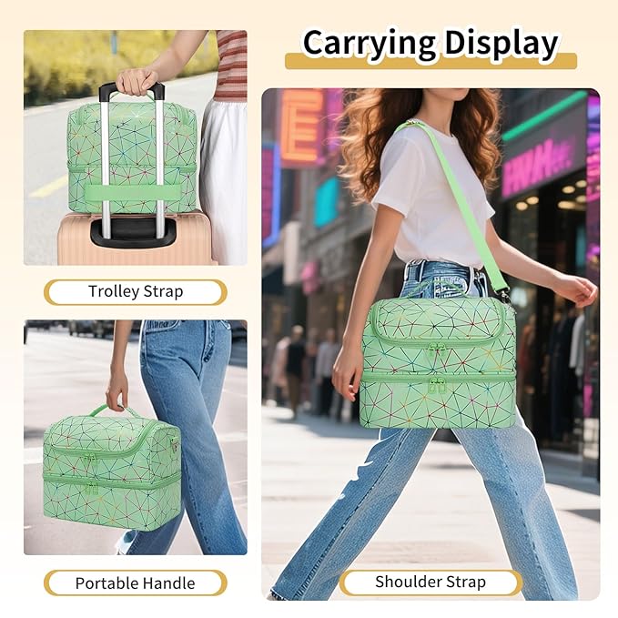 CUBETASTIC Nail Polish Organizer, Cute Nail Tech Organizers And Storage Bag Holds 45 Bottles & UV Nail Lamp, Compact Double-Layer Travel Nail Supplies Case for Nail Kit (Triangle Green, 45 Slots)