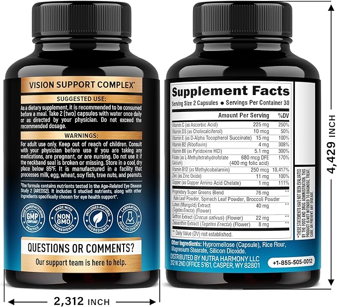 Eye Vitamins - Lutein and Zeaxanthin Supplements - AREDS2 Based Supplement for Seniors & Adults - Eye Health & Vision Support - Saffron, Zinc, Vitamins, Copper, Super Greens - Made in USA, 60 Capsules