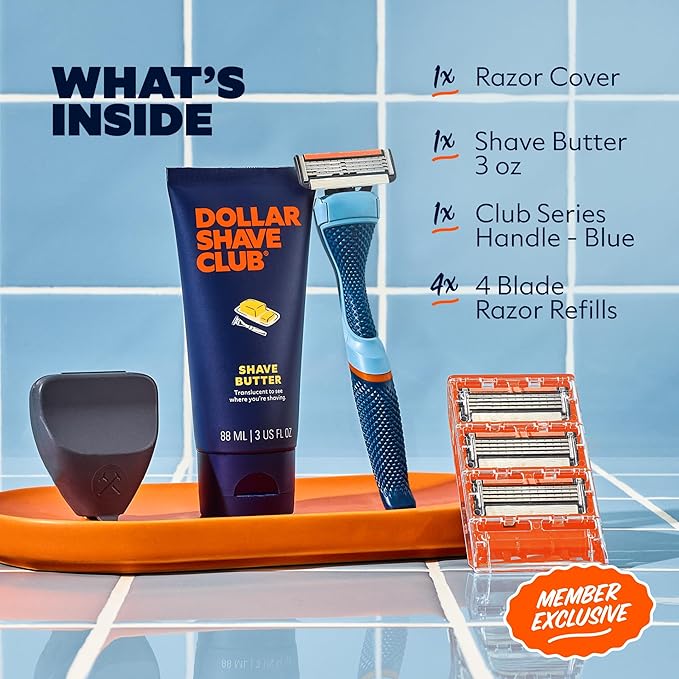 Dollar Shave Club | The Member Exclusive Shave Set | 4 Swift Rinse Refill Cartridges, 1 Handle (Blue), 1 Shave Butter 3 ounce, 1 Razor Cover, Razors for Men