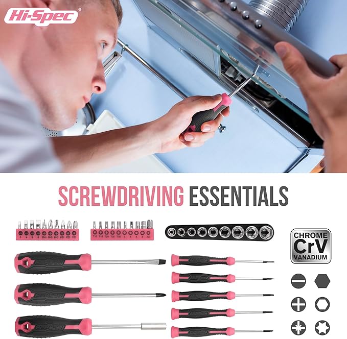 Hi-Spec 54pc Pink Home DIY Repair Tool Kit Set. Women Ladies Beginner Complete Hand Tools in a Portable Toolbox Case for the Household and Office