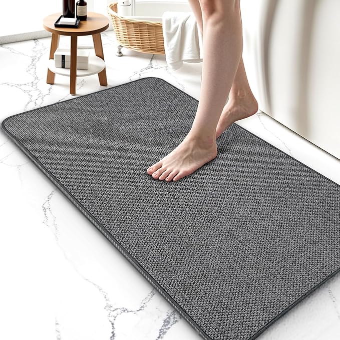 2 Pack Bathroom Rugs 17x27Inch, Thin Bath Mat with Rubber Backing Non-Slip, Absorbent,Quick Dry Machine Washable, Home Decor Accessories Cozy Cloth Bathroom Mat fit Under Door/Sink/Tub/Shower-DarkGrey
