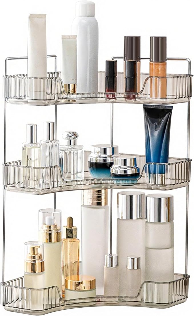 YCIA&DONE Corner Bathroom Counter Organizer, Makeup Organizer for Vanity, Skincare Cosmetic Perfume Tray, Corner Countertop Shelf Rack Storage for Bathroom Kitchen 3Tiers (Smoky Gray)