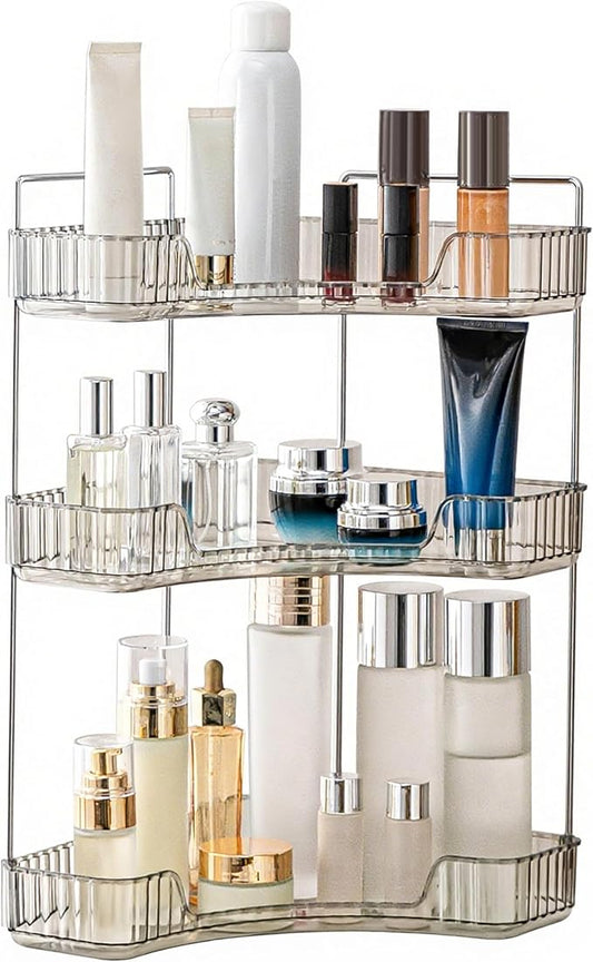 YCIA&DONE Corner Bathroom Counter Organizer, Makeup Organizer for Vanity, Skincare Cosmetic Perfume Tray, Corner Countertop Shelf Rack Storage for Bathroom Kitchen 3Tiers (Smoky Gray)