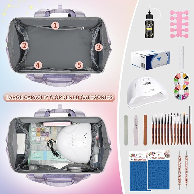 Nail Polish Organizer Case Backpack Holds 70 Bottles (15ml/0.5fl.oz) & Nail Lamp, 2 Layers Detachable Nail Kit Storage Case, Large Travel Nail Supplies Shoulder Bag for Manicure Tools (Purple)