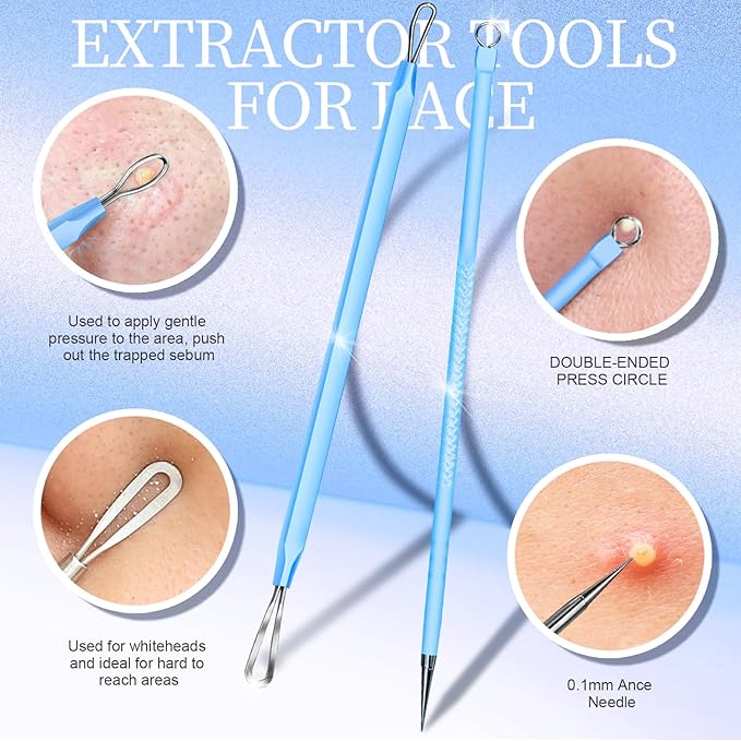 Teenitor 7 Pcs Professional Blackhead Remover Tweezers and Pimple Popper Tool Kit, Tweezers for Women Facial Hair, Blackhead Extractor, Pimple Extractor, Light Blue