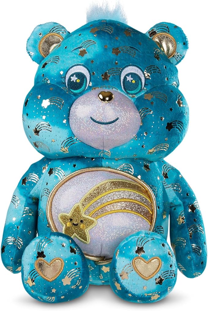 Basic Fun Care Bears 35 cm Luminous Belly Plush - Wish Bear - Soft Environmentally Friendly Toy with Illuminated Belly Badge - Comfortable Collectable Item for Children and Fans