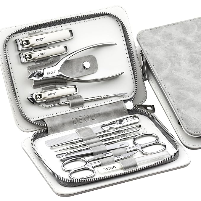 DEOU 13pcs Nail Grooming Kit Stainless Steel Professional Manicure Set Men Nail Care Tools with woman Luxurious Portable Travel Case Gift (Gray)