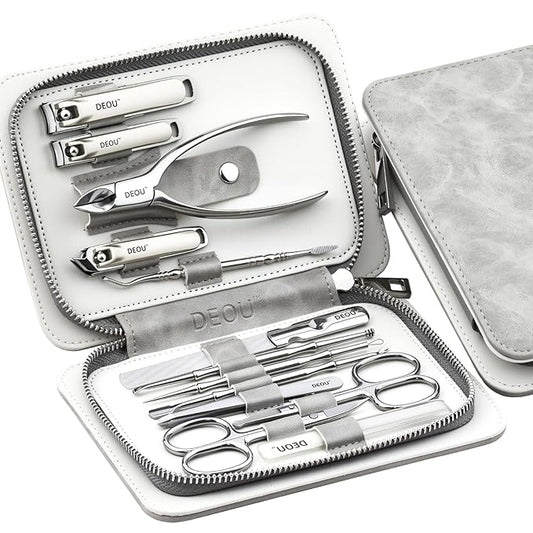 DEOU 13pcs Nail Grooming Kit Stainless Steel Professional Manicure Set Men Nail Care Tools with woman Luxurious Portable Travel Case Gift (Gray)