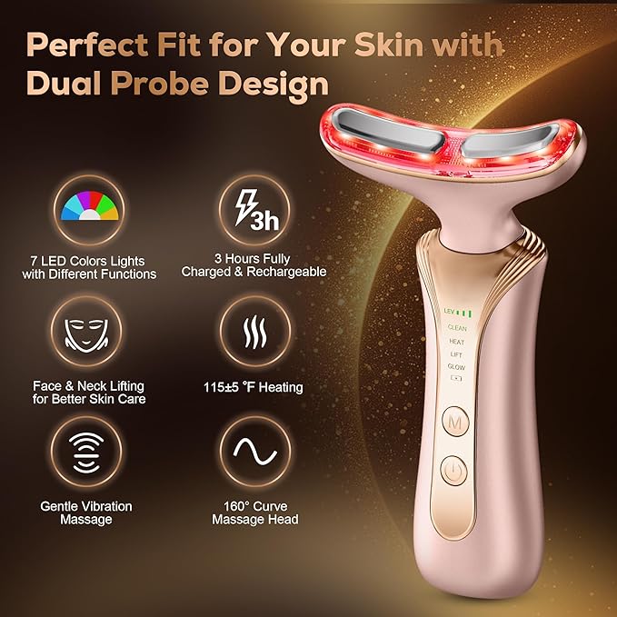 7 in 1 Multifunctional Facial Massager, Red Light Therapy for Face with 7 Modes, Face Lift Device, Portable Facial Massager for Wrinkles,Neck&Skin Care-Pink