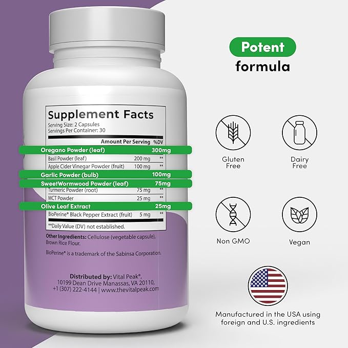 Toenail Peak - Healthy Nail Support Supplement - Promotes Gut Health & Immune Function - with Olive Leaf Extract, Sweet Wormwood, Oregano, Garlic & More - Gluten-Free - 60 Capsules