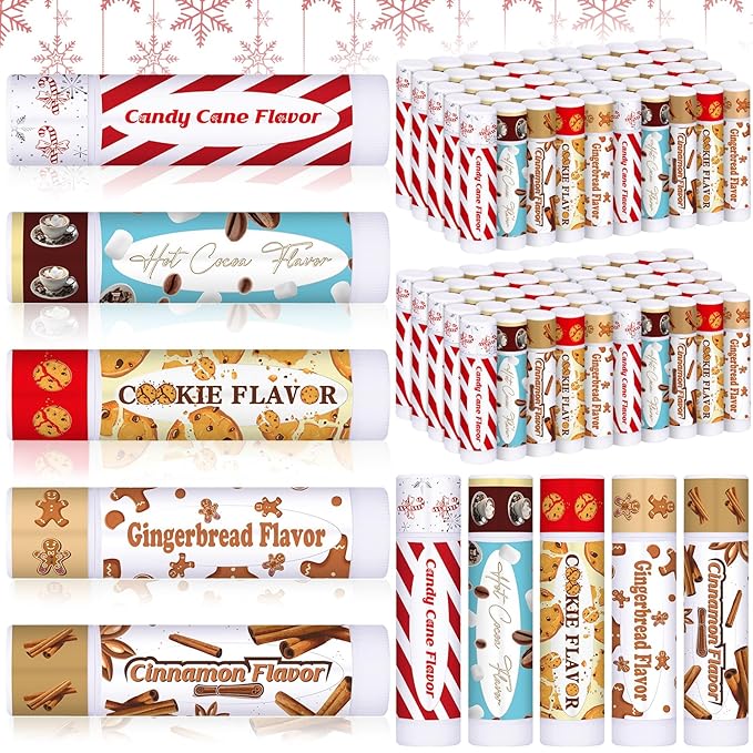 50pcs Christmas Peppermint Candy Flavor Lip Balms Gift Bulk Candy Gingerbread Hot Cocoa Cookie Cinnamon Flavor Lip Balm Christmas Party Gift Stocking Stuffer for Coworker Staff Employee (Cute)
