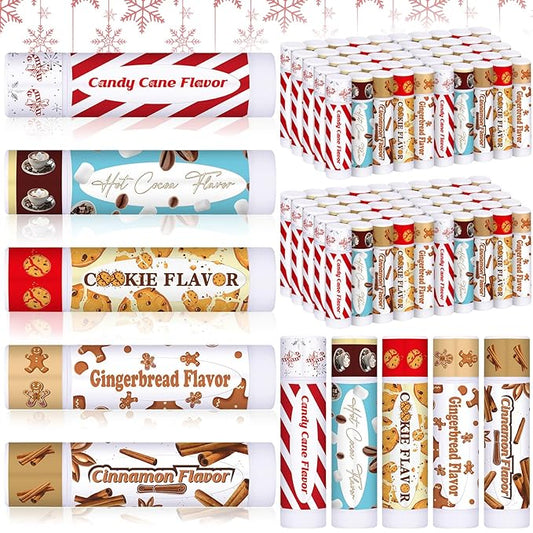 50pcs Christmas Peppermint Candy Flavor Lip Balms Gift Bulk Candy Gingerbread Hot Cocoa Cookie Cinnamon Flavor Lip Balm Christmas Party Gift Stocking Stuffer for Coworker Staff Employee (Cute)