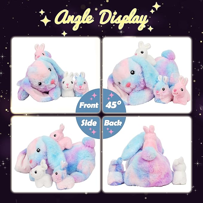 Hopearl LED Stuffed Rabbit Lighting Up Bunny Plush Toy Playset Mommy with 3 Babies in her Tummy Lullaby Animated Soothe for Mom Kids Toddler Girls, Rainbow, 12''