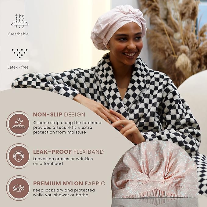 Reusable Shower Cap for Women Reusable Waterproof – Leakproof, Nonslip Hair Cap for Shower Flexiband – Soft, Breathable, Durable Christmas Shower Caps by SMPL OBJECTS (Blush)