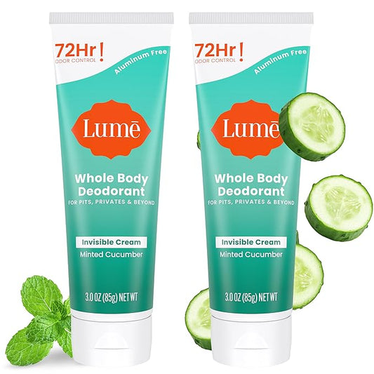 LUME Whole Body Deodorant - Invisible Cream Tube - 72 Hour Odor Control - Aluminum Free, Baking Soda Free, Skin Safe - 3.0 ounce (Pack of 2) (Minted Cucumber)