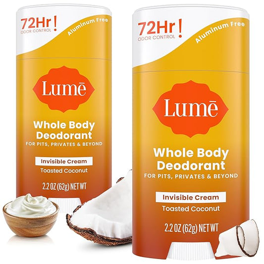 Lume Whole Body Deodorant - Invisible Cream Stick - 72 Hour Odor Control - Aluminum Free, Baking Soda Free, Skin Safe - 2.2 Ounce (Pack of 2) (Toasted Coconut)