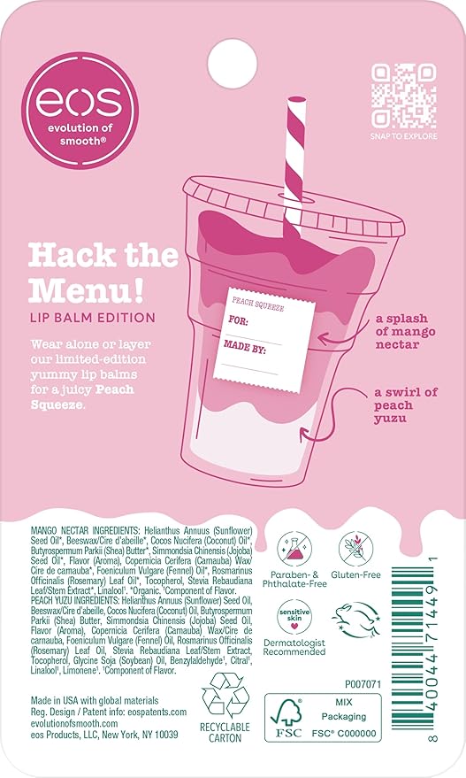 eos Flavor Lab Secret Menu Lip Balm - Peach Yuzu, Limited-Edition, Moisturizing, Hydrating for Dry Lips, Variety Pack, 0.14 oz, 2-Pack