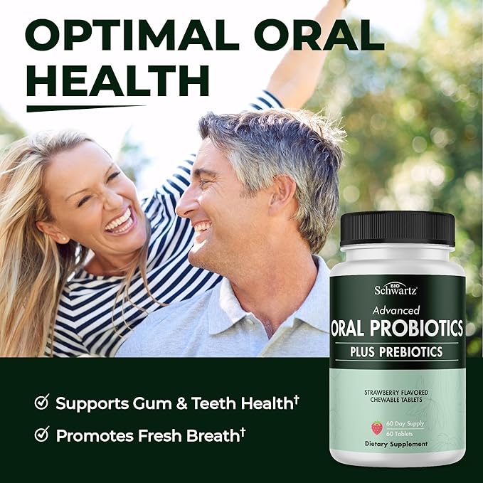 Oral Probiotics Supplement with Prebiotics - Supports Healthy Teeth Gums Mouth and Fresh Odorless Breath for Adults - Strawberry Flavored Chewable Dental Probiotic (60 Tablets, 60 Day Supply)