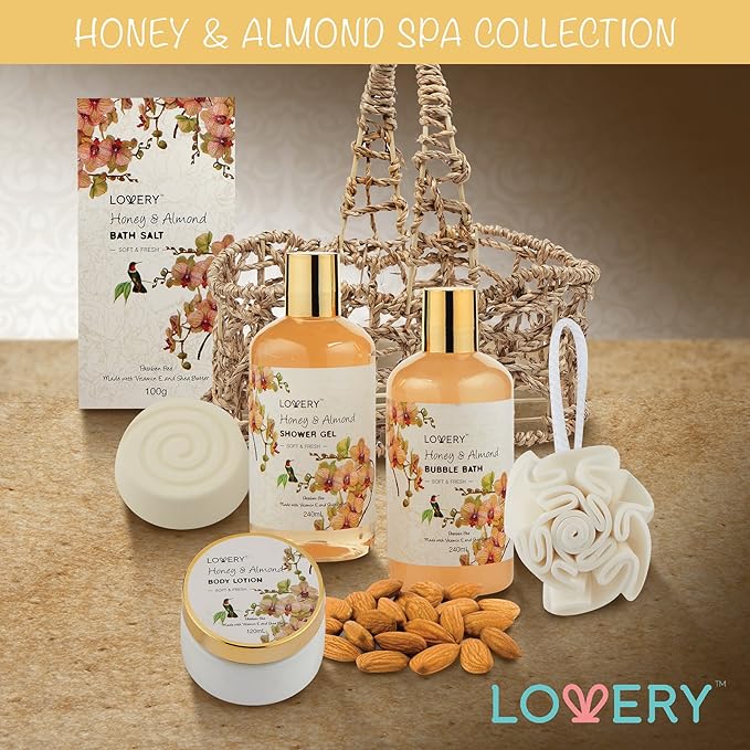 Christmas Gift Baskets for Women Gifts for Women Who Have Everything, Home Spa Honey & Almond Scent, Luxury Bath & Body Set - Shower Gel, Bubble Bath, Body Lotion, Salts, Bath Bomb, Bath Puff.