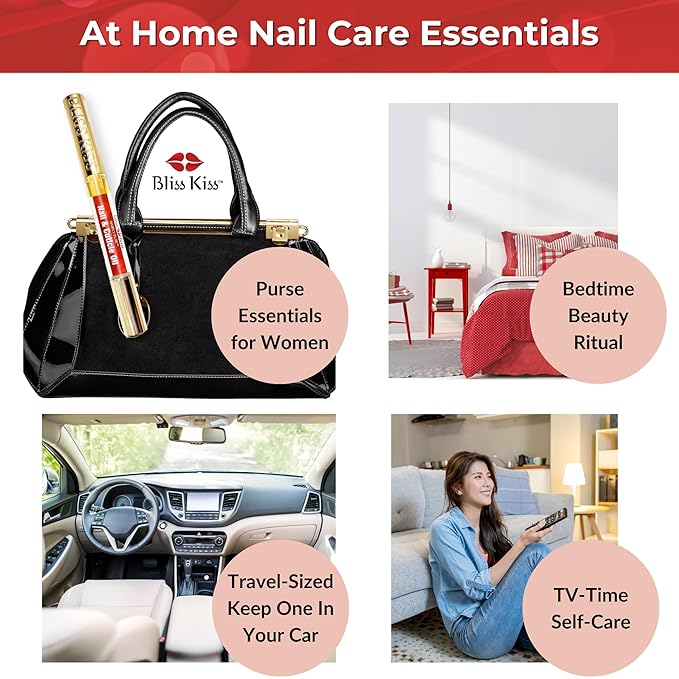 Bliss Kiss | Fragrance Free 4 Nail Oil Cuticle Pens w/Vitamin E & Jojoba⏤Nail Strengthener Nail Growth and Strengthening Serum for Brittle, Peeling, Breaking, Thin nails