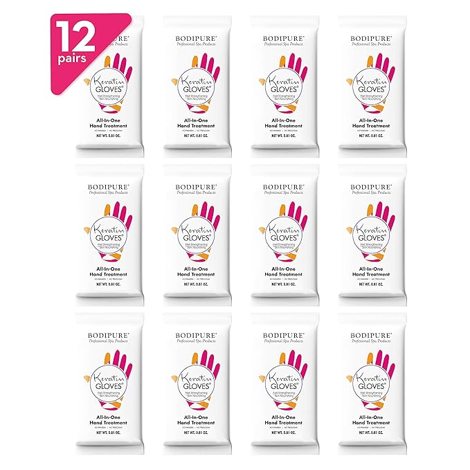 Bodipure All-In-1 Moisturizing Hand Mask, Keratin & Vitamin E Hand Mask for Dry Cracked Hands, Natural Moisturizing Gloves Formula, Strengthen Nails & Repair Hands 12 Pairs