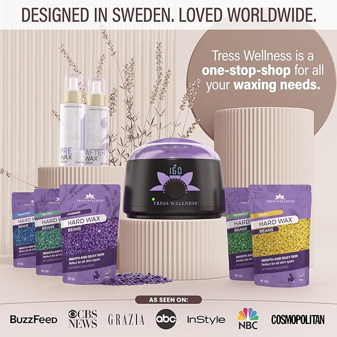 Tress Wellness Waxing Kit for Sensitive Skin – Safe for Face & Skin, Prep & Aftercare Spray, Easy to Use – At-Home Kit for Face, Bikini, Brazilian & Full Body - Digital Display, Dusty Peach