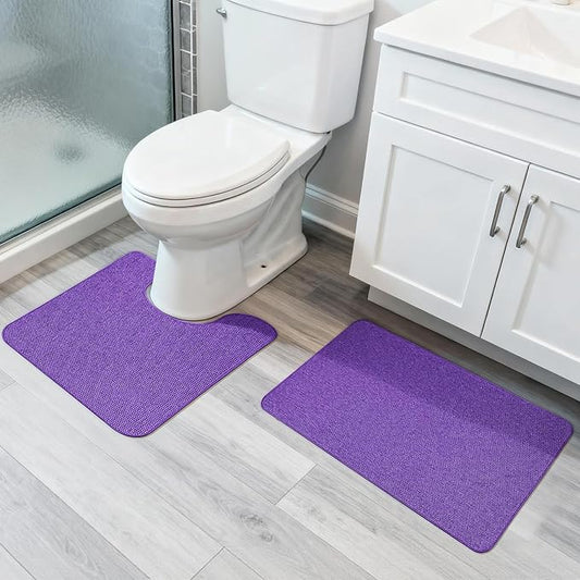 Bathroom Rugs Set 2 Pieces,Thin Bathroom Mats,Toilet Rugs,Quick Dry,Non-Slip,Machine Washable,Low Pile,Absorbent Bath Mats,Shower,Sink,Home Decor Accessories.Purple,1'5"x2'3"+1'8"x2" U Shape