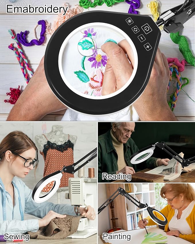 10X & 5X Magnifying Glass with Light, Ultra Long Swing Arm, 5 Colors & 10 Brightness, Real Glass Lens Large Magnifying Lamp for Craft Painting Workbench Jewelry Making Hobby Close Work (White)