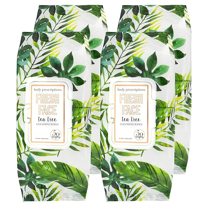 Body Prescriptions Tea Tree Facial Wipes, Moisturizing, Deep Cleansing Face Towelettes, Refreshing + Nourishing, Gentle Cleansing Cloths, 50 Count (Pack of 4), Fresh,Tea Tree
