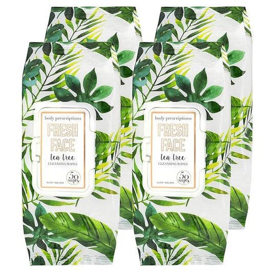 Body Prescriptions Tea Tree Facial Wipes, Moisturizing, Deep Cleansing Face Towelettes, Refreshing + Nourishing, Gentle Cleansing Cloths, 50 Count (Pack of 4), Fresh,Tea Tree