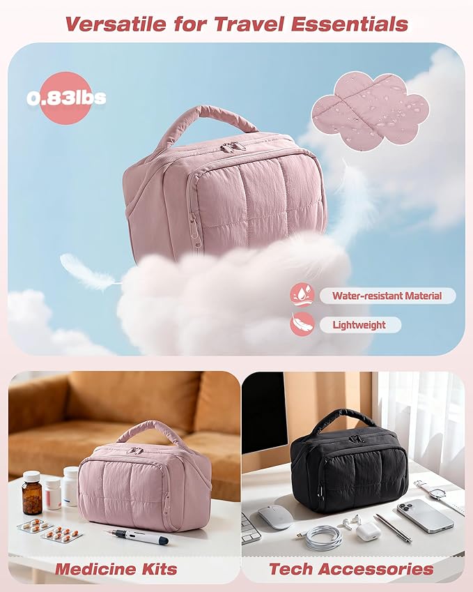 Travel Makeup Bag for Women, Toiletry Organizer with Waterproof Pockets, Puffy Cosmetics Pouch for Makeup Brushes, Skincare & Travel Essentials, Pink (Bag only)