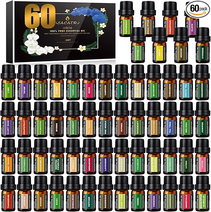 SACATR 60 Bottles Premium Essential Oils Set - Natural Essential Oils for Diffuser, Humidifier, Candle and Soap Making（60x5 ML）