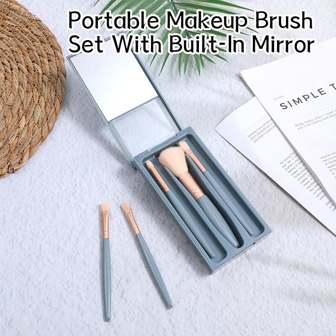 5 Pcs Mini Makeup Brushes, Travel Makeup Brush Set, Professional Cosmetic Brush with Case and Mirror, Portable Travel Size Make up-Brush, Complete Function Cosmetic Brushes Kit for Women (Blue)