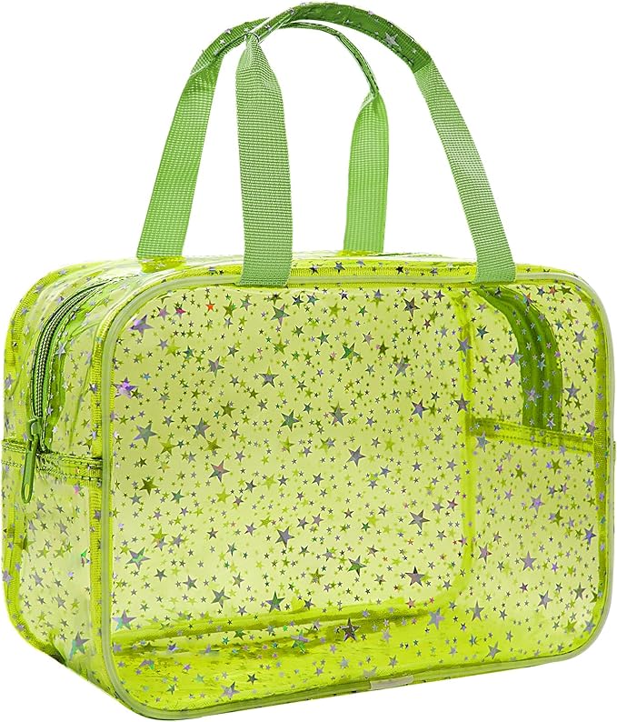 Clear Green Star Large Makeup Bag with Star Pattern 12x5x8 inch, Travel Cosmetic Bag with Handle, Durable PVC Material Washbag Zipper Opening Design for Makeup Travel Organizer or Gym Use