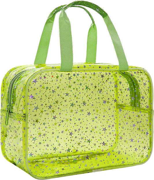 Clear Green Star Large Makeup Bag with Star Pattern 12x5x8 inch, Travel Cosmetic Bag with Handle, Durable PVC Material Washbag Zipper Opening Design for Makeup Travel Organizer or Gym Use