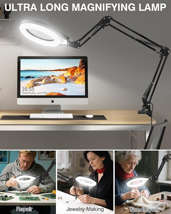 10X & 5X Magnifying Glass with Light, Ultra Long Swing Arm, 5 Colors & 10 Brightness, Real Glass Lens Large Magnifying Lamp for Craft Painting Workbench Jewelry Making Hobby Close Work (White)