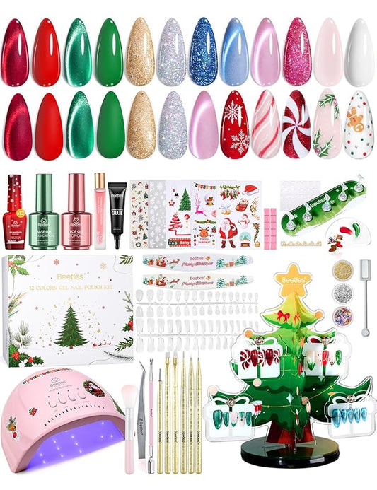 Beetles 67Pcs Gel Nail Kit Crystal Christmas Gifts for Women Teen Girls - 12 Colors Cat Eye Red Glitter Gel Polish Kit with U V Light & Nails Stand Acrylic Holder Display Nails Stuff Manicure Set