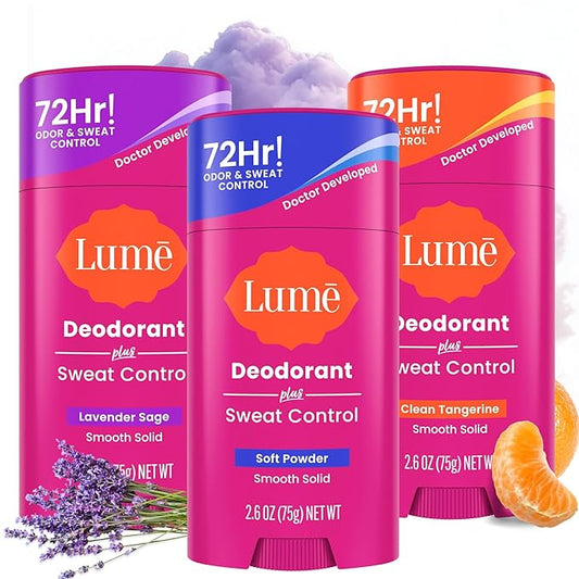 Lume Deodorant Plus Sweat Control - Smooth Solid Stick - Maximum Strength Antiperspirant - 72 Hour Odor And Sweat Control - Baking Soda Free - 2.6 ounce (Lavender Sage, Clean Tangerine & Soft Powder)
