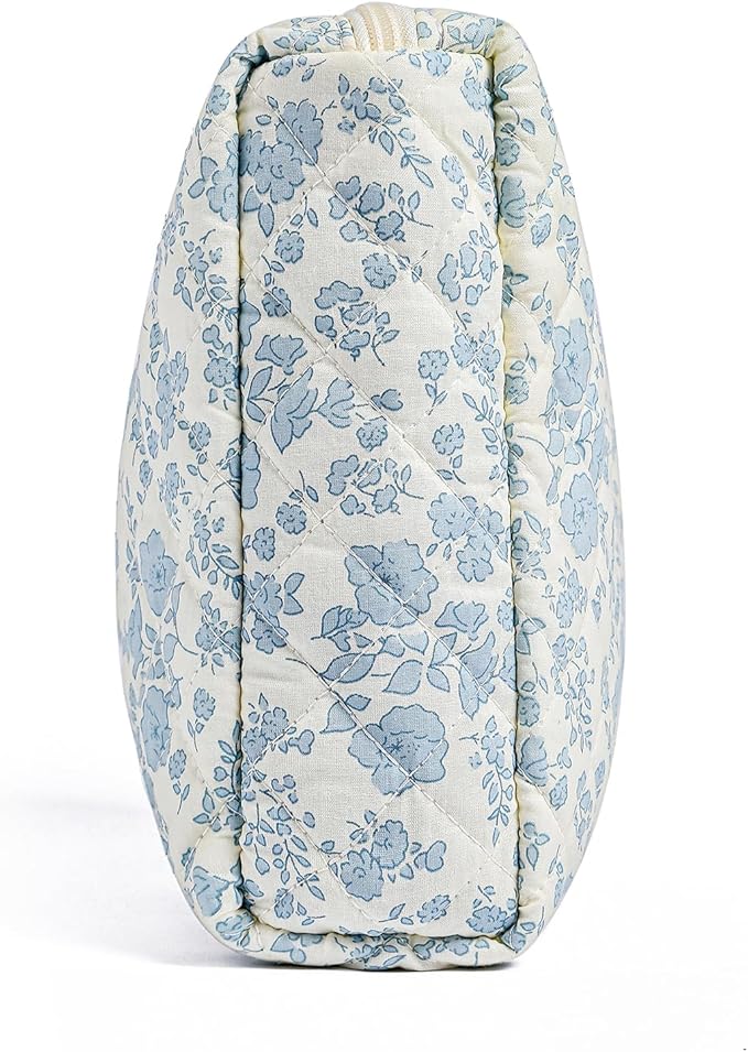 Makeup Bag Travel Cosmetic Bag for Women Girls, Zipper Make Up Pouch, Floral Flowers Toiletry Organizer Makeup, Portable Storage Cosmetic Travel Cloth Bag (L/Blue Floral)