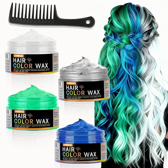 4 Colors Temporary Hair Color Wax for Christmas Party, Stocking Stuffers - DIY Washable Natural Instant Hair Color for Women Temporary Hair Dye for Kids Teens Women Men(White&Gray&Green&Blue 5 pcs)