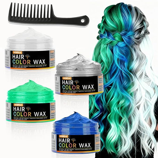 4 Colors Temporary Hair Color Wax for Christmas Party, Stocking Stuffers - DIY Washable Natural Instant Hair Color for Women Temporary Hair Dye for Kids Teens Women Men(White&Gray&Green&Blue 5 pcs)