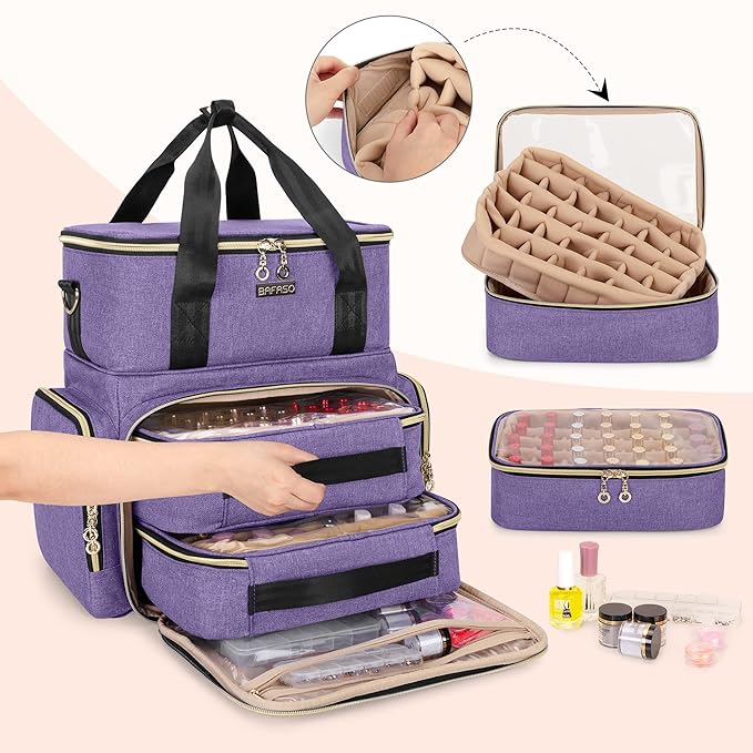 BAFASO Double Layer Nail Polish Organizer Holds 70 Bottles (15ml - 0.5 fl.oz) and a Nail Dryer, Nail Polish Case with 2 Removable Pouches and Tools Storage Sections (Patented), Purple