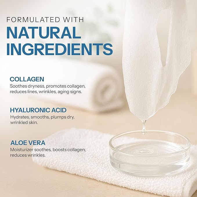 Hyaluronic Acid & Collagen Sheet Mask - Hydrating, Anti-Aging, Firming - Dermatologist Tested Korean Skincare - Clean Beauty, Natural Ingredients, Cruelty-Free, All Skin Types - Pack of 5