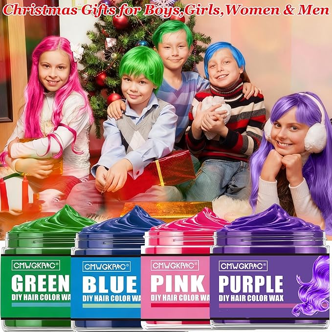 4 Colors Temporary Hair Color,Stocking Stuffers for Kids,Christmas Gifts for Teens Boys Girls,Gifts for Kids,Purple Green Blue Pink Hair Dye Color Wax,Temporary Hair Dye for Party,Halloween,Cosplay