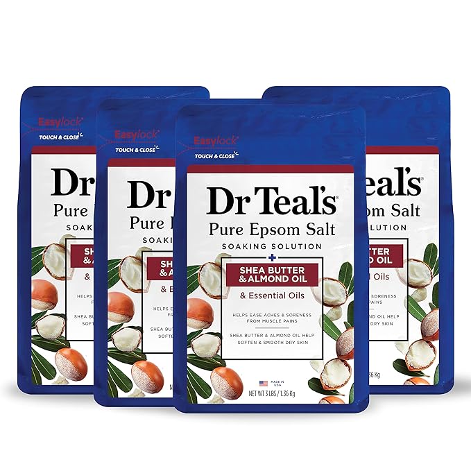 Dr Teal's Pure Epsom Magnesium Salt Soak, Shea Butter & Almond, 3 lbs (Pack of 4)