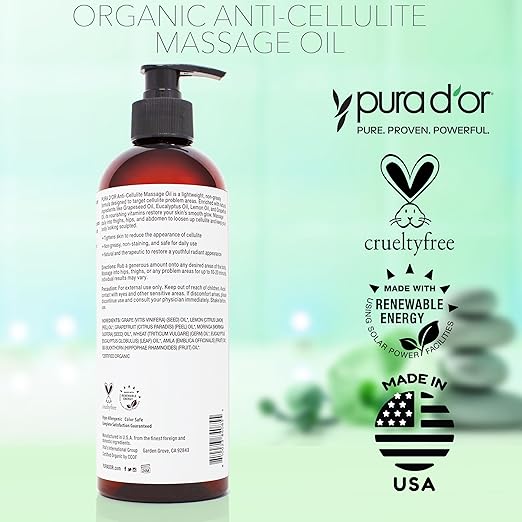 PURA D’OR 16 Oz Organic Anti-Cellulite Massage Oil for Toned Legs and Butt - Lemon Peel, Moringa, Grape Seed, Grapefruit & Eucalyptus Oils - Skin Firming & Tightening
