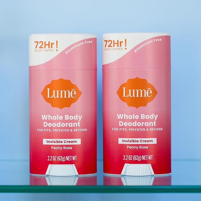 Lume Deodorant Cream Stick - Underarms and Private Parts - Aluminum-Free, Baking Soda-Free, Hypoallergenic, and Safe For Sensitive Skin - 2.2 Ounce (Pack of 2) (Peony Rose)