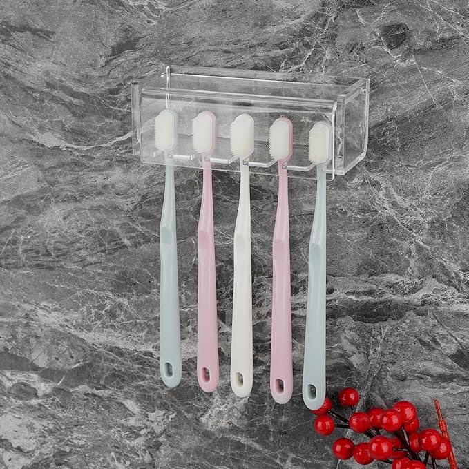 5 Slots Wall Mount Toothbrush Holder with Cover, Self Adhesive Toothbrush Storage Organizer for Shower, Toothbrush Hanger for Bathroom, Medicine Cabinet, Dorm (Clear)